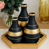 Kit 3 Vasos com Faixas Douradas em Cerâmica