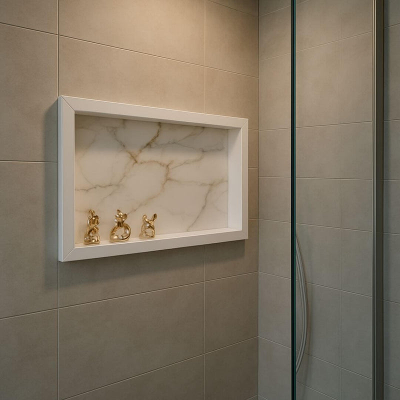 Nicho de banheiro branco em porcelanato com moldura

