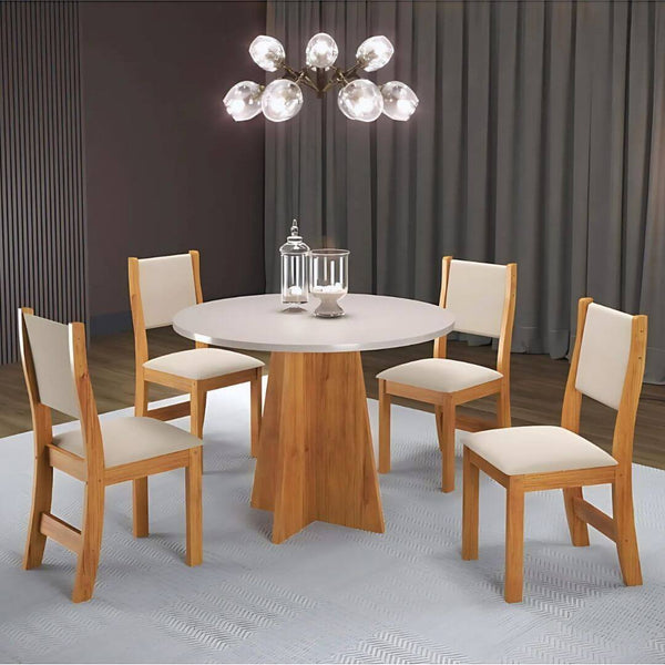 Mesa de Jantar Redonda Com 4 Cadeiras - Bege