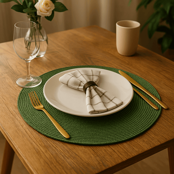 Jogo americano verde redondo com talheres dourados sobre mesa posta

