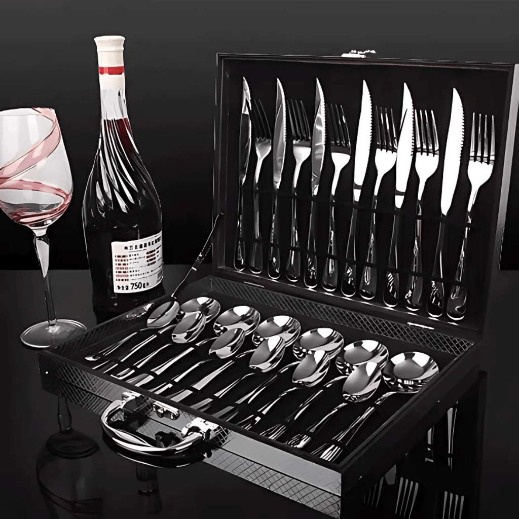 Jogo de talheres inox com maleta de madeira elegante

