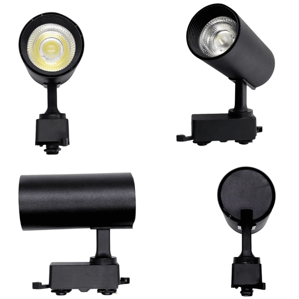 Spot cilíndrico preto para trilho eletrificado com design moderno


