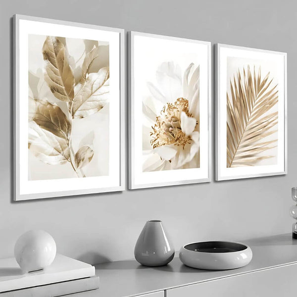 Kit 3 Quadros Folhagens 50x70cm com Moldura Branca