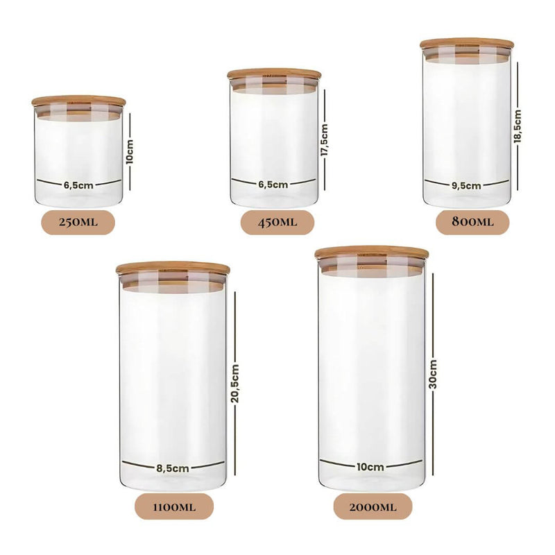 Kit 5 Potes Herméticos de Vidro com Tampa de Bambu