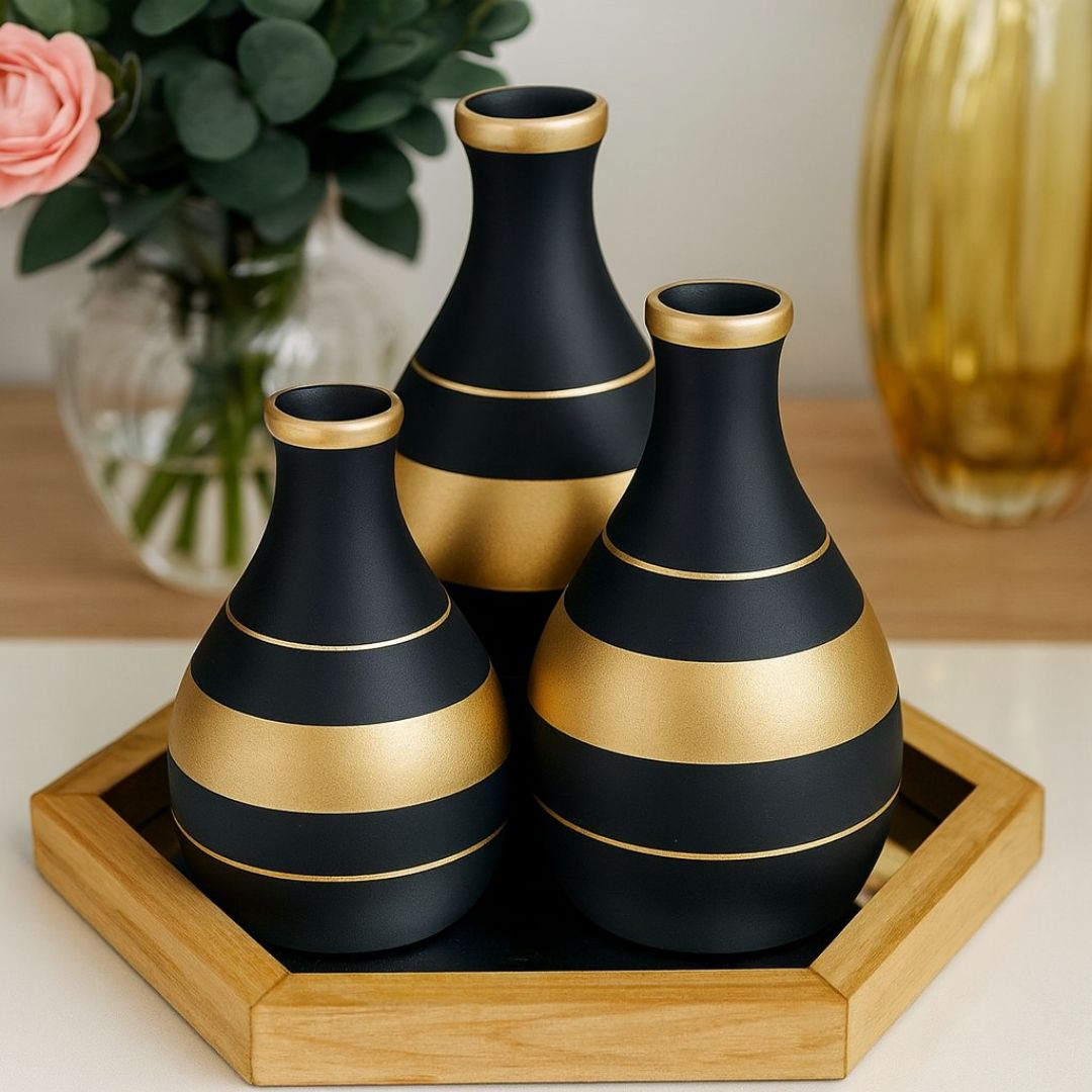 Kit 3 Vasos com Faixas Douradas em Cerâmica