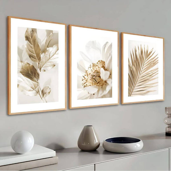 Kit 3 Quadros Folhagens 50x70cm com Moldura em Madeira