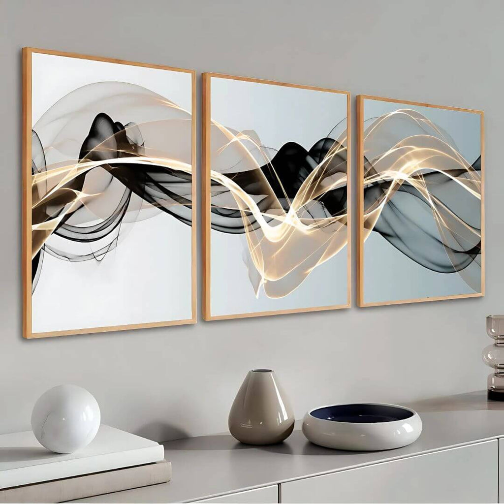 Kit 3 Quadros Abstratos 50x70cm com Moldura em Madeira