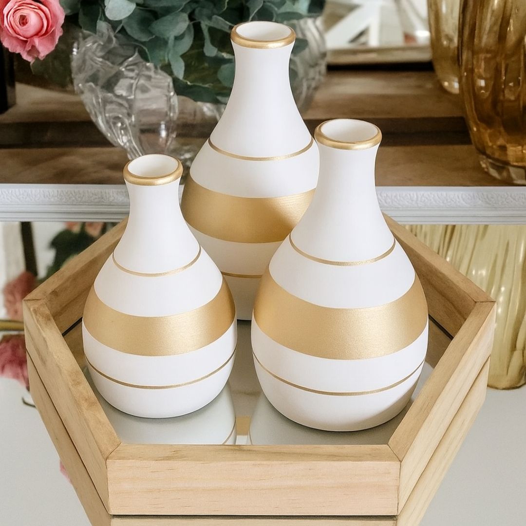 Kit 3 Vasos com Faixas Douradas em Cerâmica