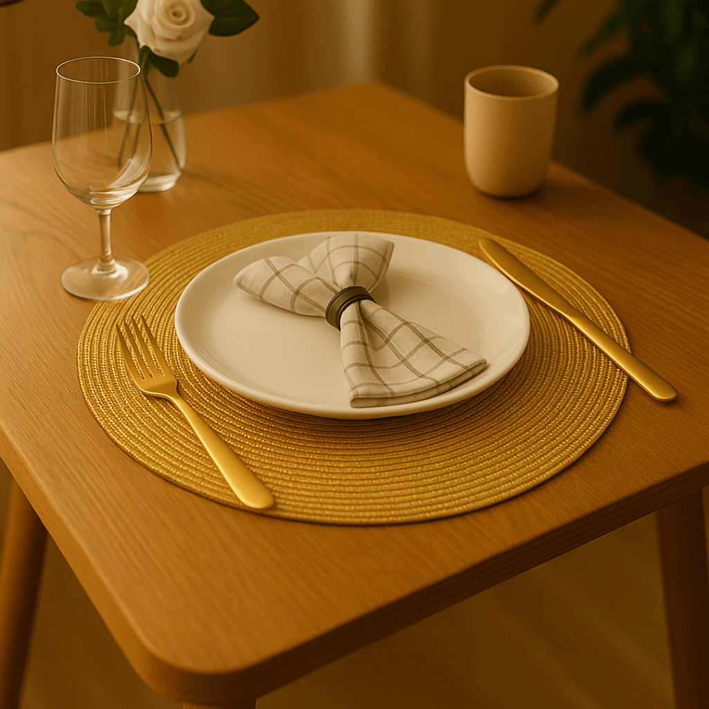 Jogo americano dourado em mesa sofisticada com taças e pratos de vidro

