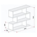 Detalhe da prateleira zigzag preta decorada com objetos minimalistas.

