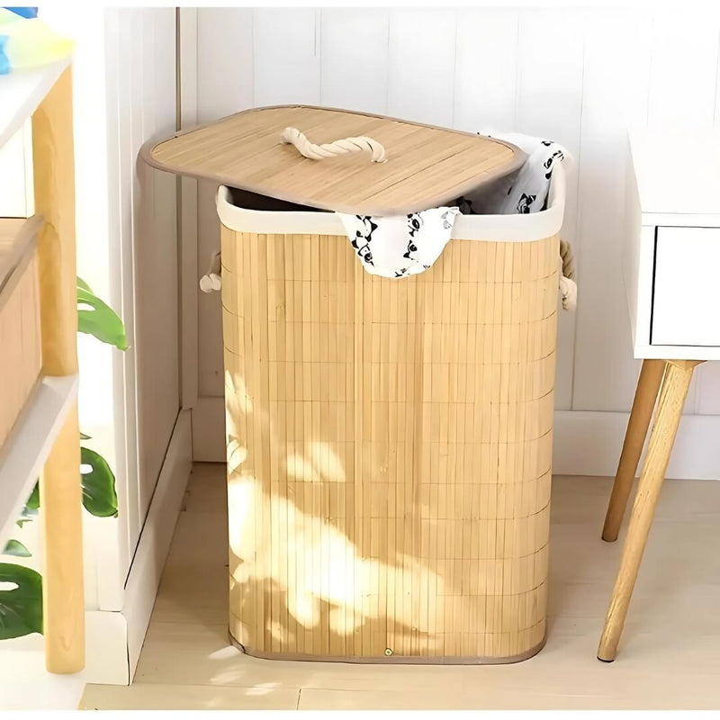 Detalhe do acabamento do cesto de roupa com tampa de bambu e corda resistente

