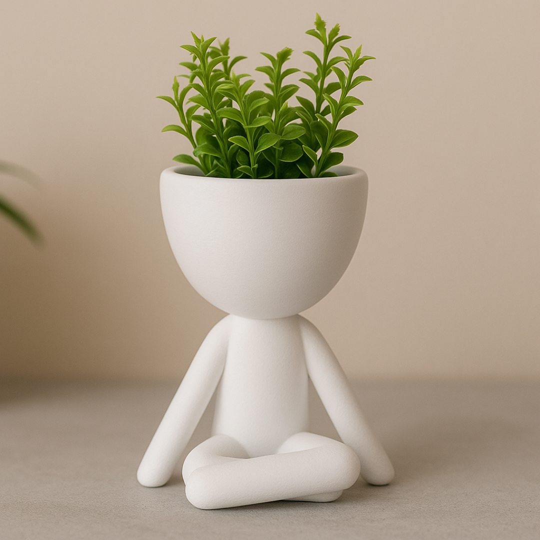 Mood Meditando (pernas cruzadas) em fundo neutro, ideal para decoração zen.

