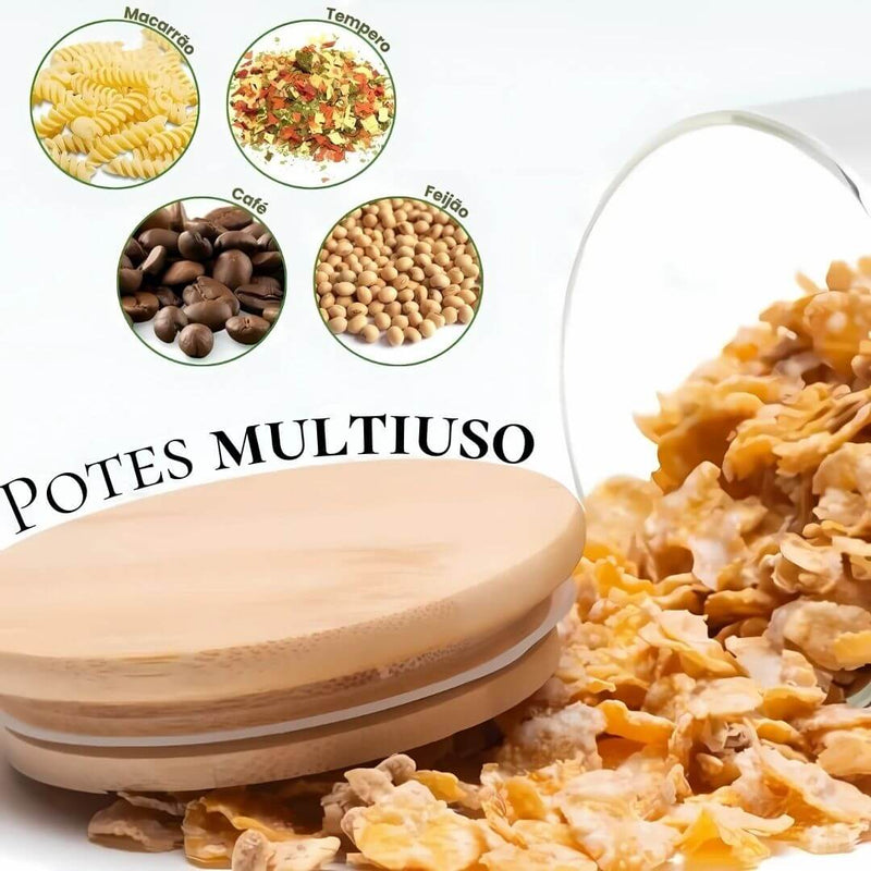 Kit 5 Potes Herméticos de Vidro com Tampa de Bambu