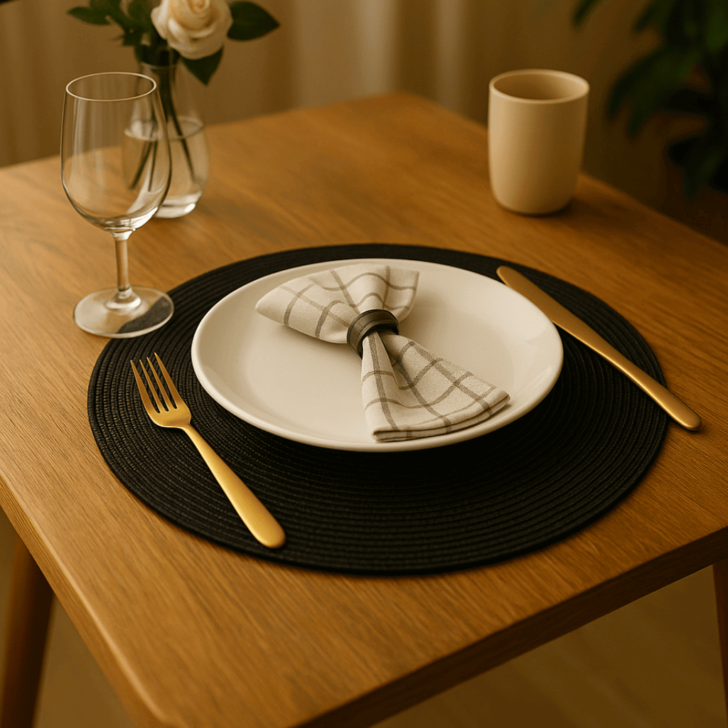 Jogo americano preto com talheres dourados em jantar moderno e aconchegante

