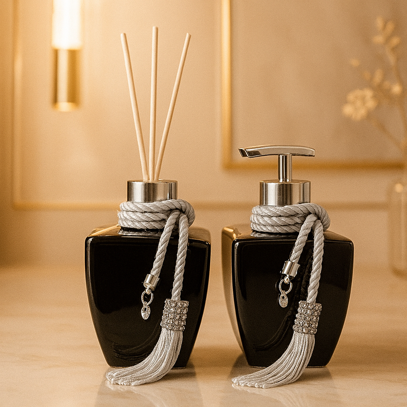 Kit Lavabo de Vidro Brilhante c/ Saboneteira e Aromatizador