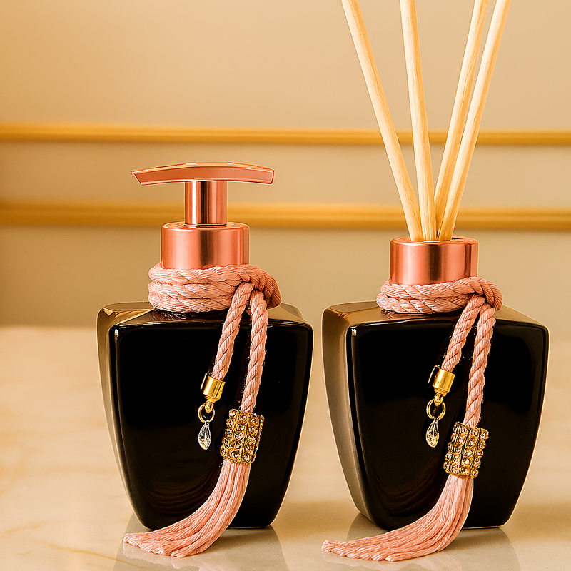 Kit Lavabo de Vidro Brilhante c/ Saboneteira e Aromatizador
