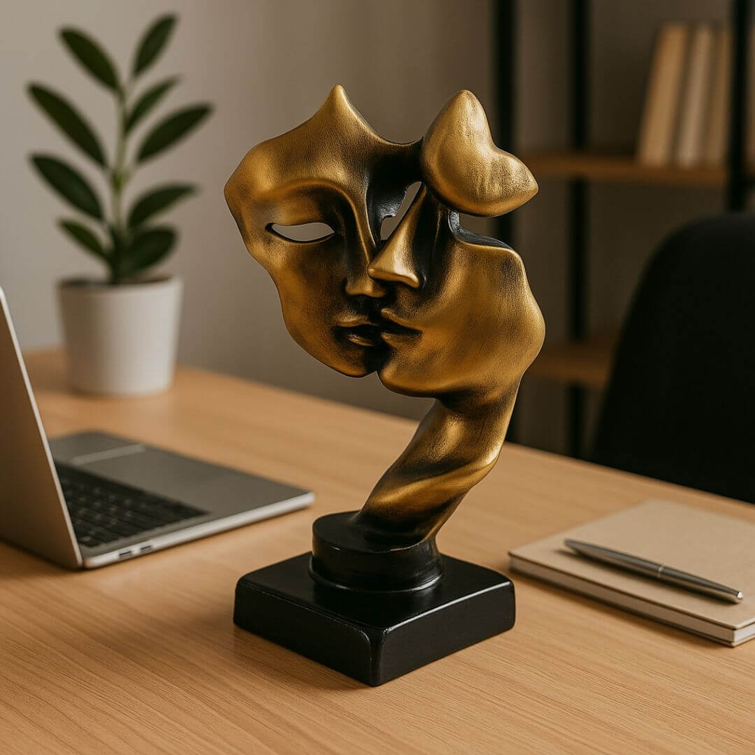 Escultura decorativa dourada de máscaras em beijo para sala moderna

