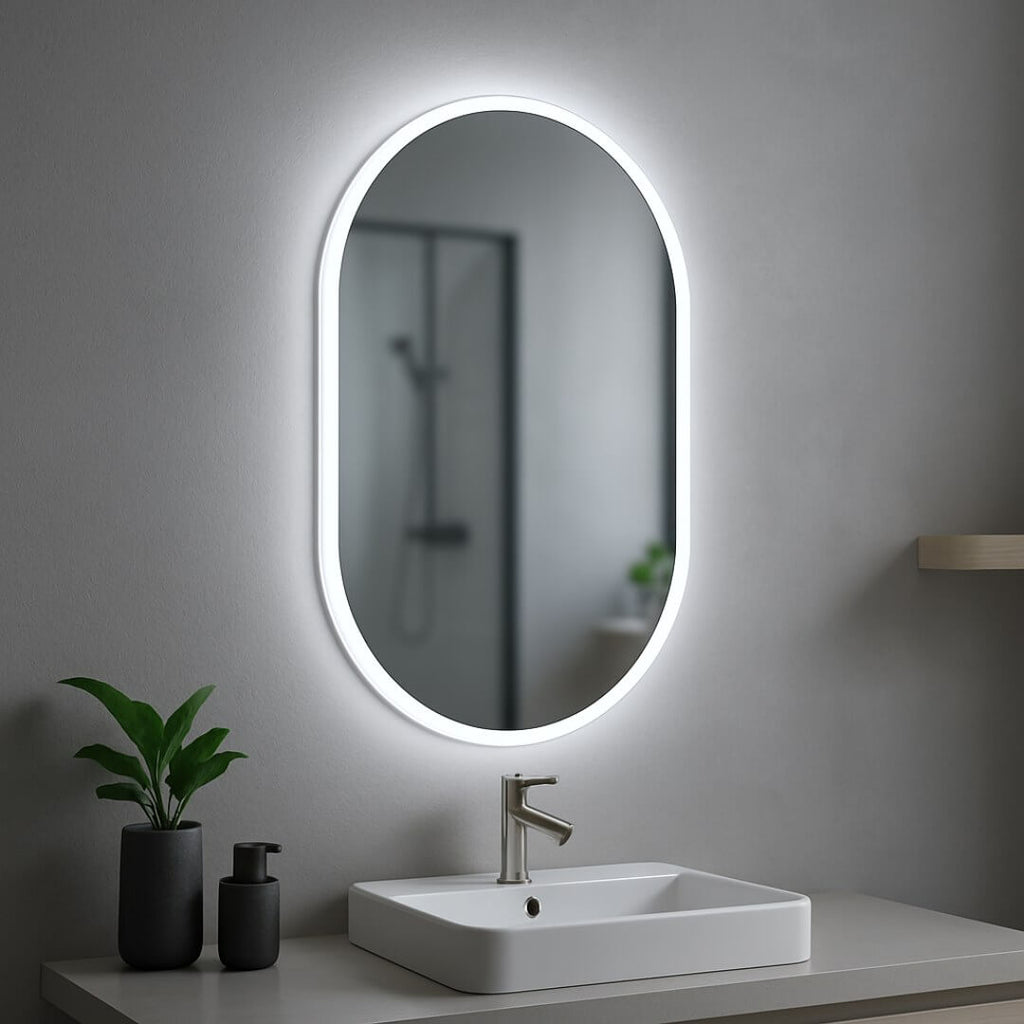 Espelho oval com LED branco frio em banheiro moderno com fundo embaçado