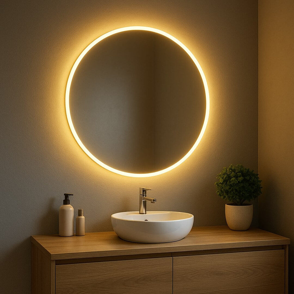 Espelho redondo com LED branco em banheiro moderno, parede cinza ao fundo

