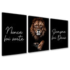Kit 3 quadros com leão e frases cristãs em fundo preto

