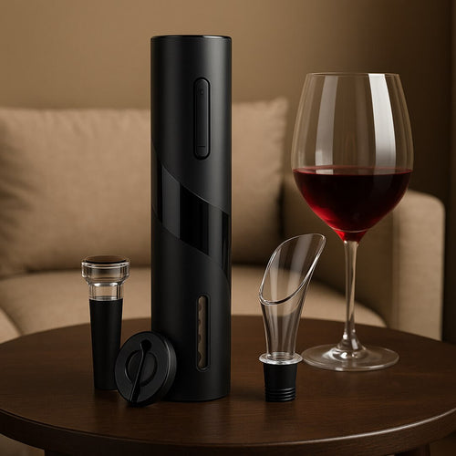 Kit abridor de vinho elétrico moderno com acessórios na mesa de jantar

