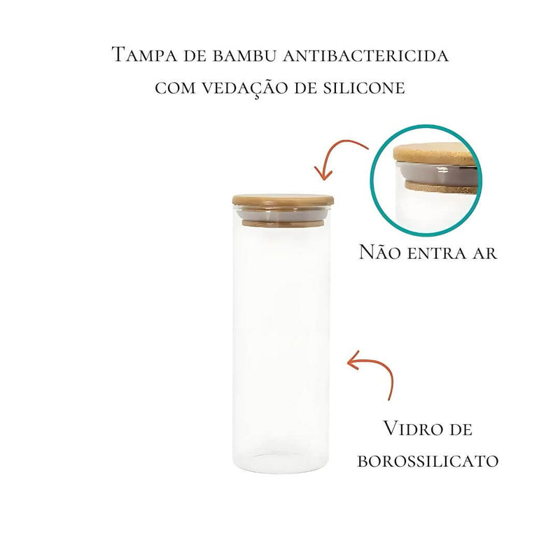 Kit completo de 6 potes de vidro com tampa de bambu para cozinha