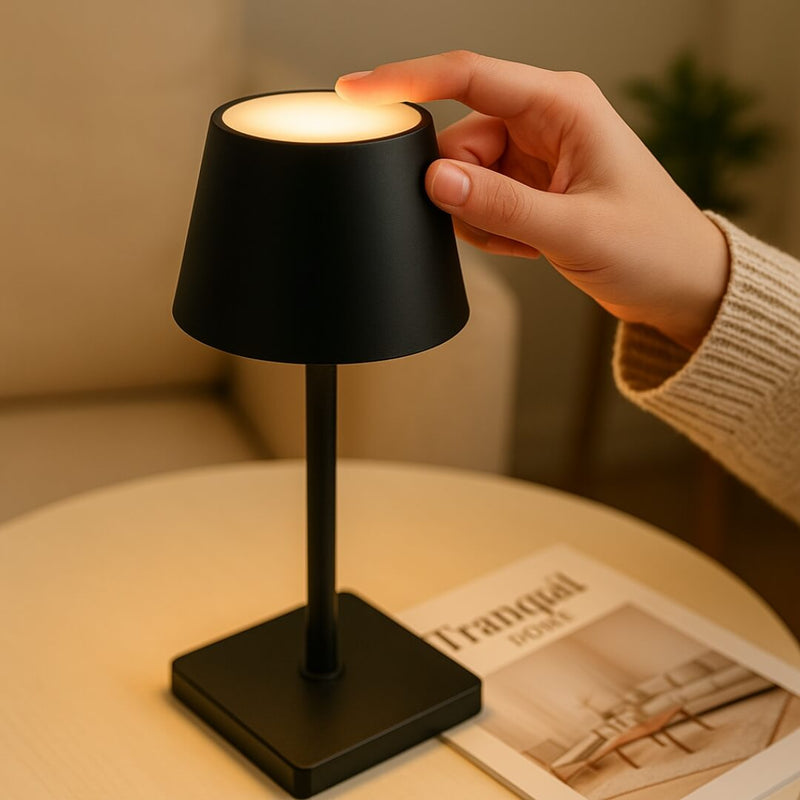 Luminária minimalista de LED em mesa de quarto aconchegante

