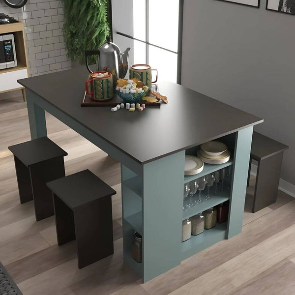 Mesa prateleira com banquetas em ambiente de cozinha moderna