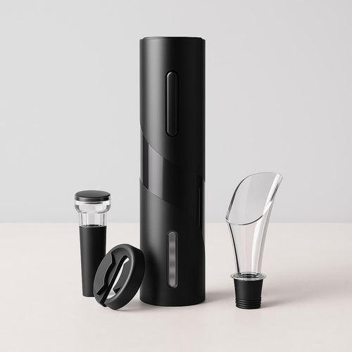 Saca rolhas elétrico preto e aerador de vinho em ambiente sofisticado

